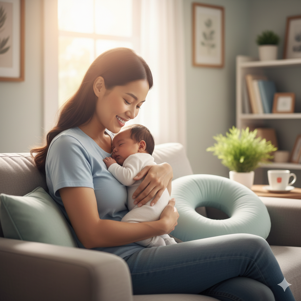 Ilustração de uma mãe com expressão pensativa ou triste, com um bebê ao lado, simbolizando a depressão perinatal e a importância do apoio.