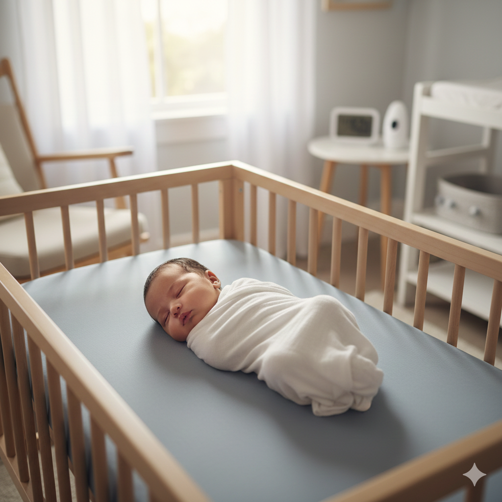 Ilustração de um bebê dormindo de barriga para cima em um berço vazio, com um colchão firme e sem travesseiros ou objetos soltos.