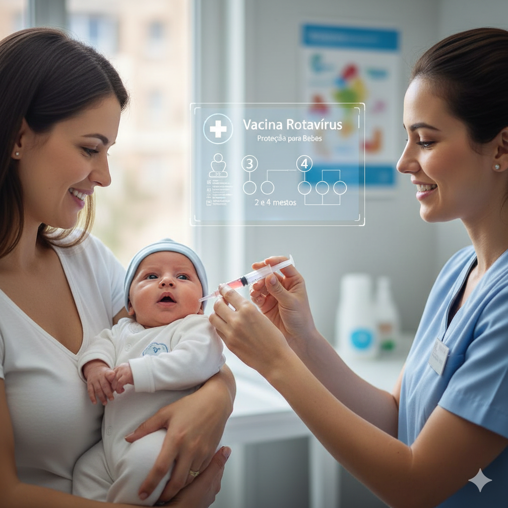 Ilustração de uma mãe segurando seu bebê de forma carinhosa, esperando a aplicação da vacina.